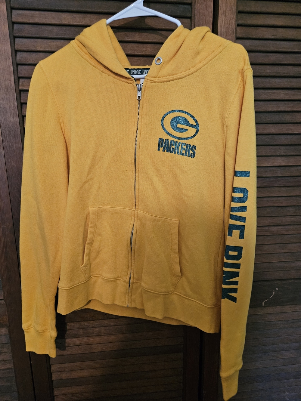 PINK Victoria's Secret Gold Yellow Green Packers Full‑Zip Hoodie Size Medium